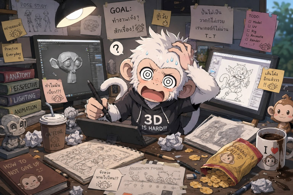 ลิงขาวสไตล์อนิเมะกำลังฝึกวาดรูปและเรียนทำโมเดล 3D ท่ามกลางโต๊ะทำงานที่ยุ่งเหยิง